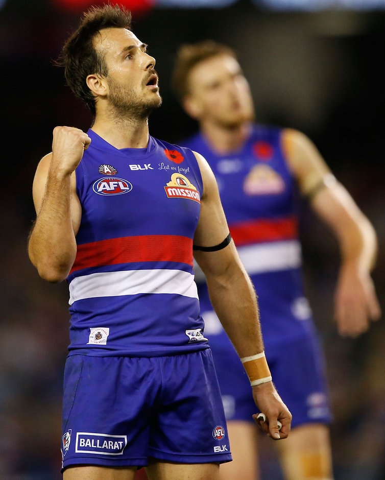AFL 2016 Rd 05 - Western Bulldogs v Brisbane MELBOURNE, AUSTRALIA - APRIL 23: Tory Dickson of the Bulldogs celebrates a goal during the 2016 AFL Round 05 match between the Western Bulldogs and the Brisbane Lions at Etihad Stadium, Melbourne on April 23, 2016. (Photo by Adam Trafford/AFL Media)